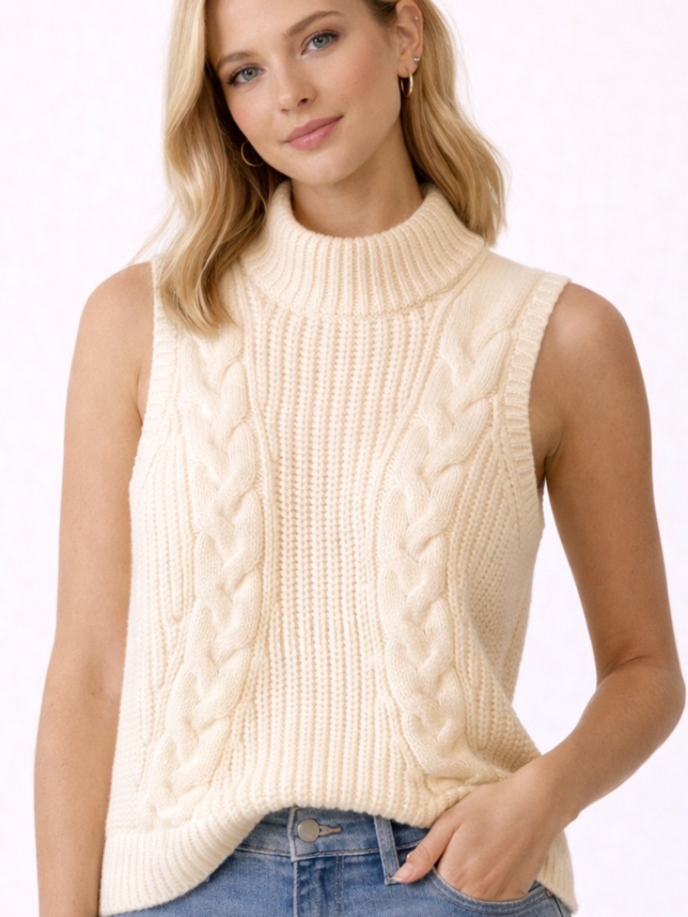 Banana Republic Cable Knit Sweater Tank Cream Sleeveless Pullover - Size M